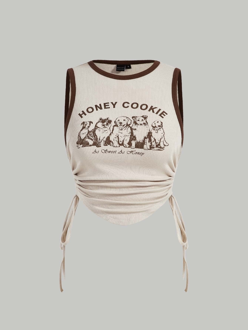 SHEIN Cream Ribbed 'Honey Cookie' Cropped Tank with Brown Trim